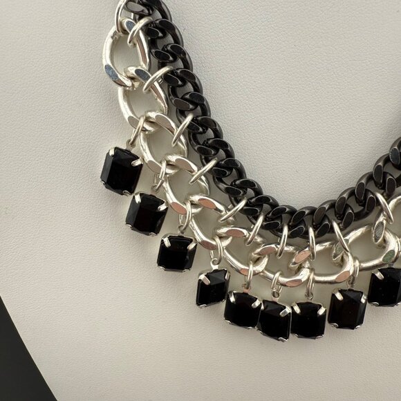 Faux Pearl & Chain Statement Necklace With Black Square Charms In Silver-Tone Fi - Picture 3 of 7
